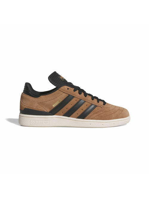 Chaussures de skateboard Adidas Busenitz Preloved Brown Core Black Chalk White, vue de profil suède marron et bandes noires
