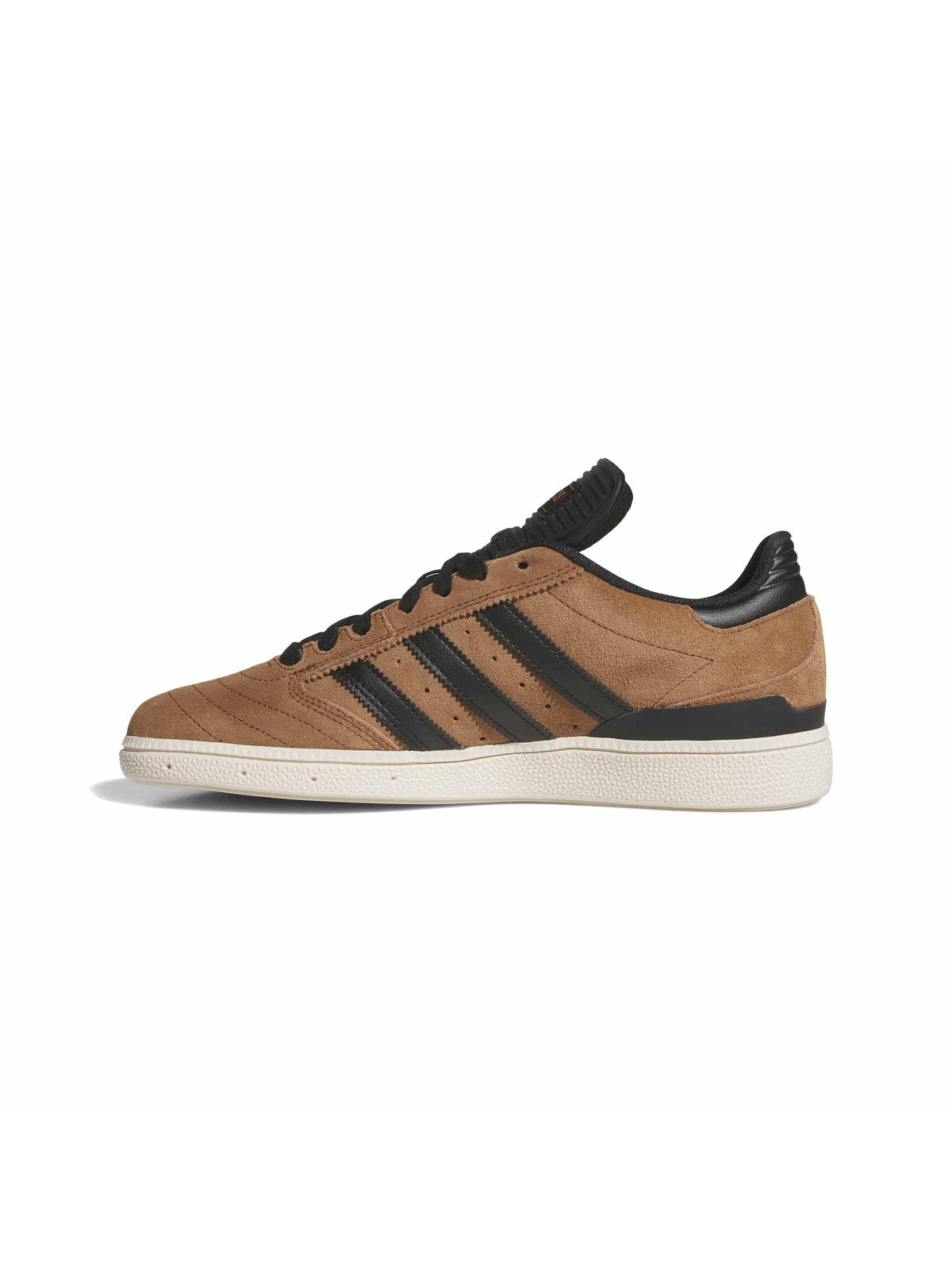 Chaussures de skateboard Adidas Busenitz Preloved Brown Core Black Chalk White, vue de profil suède marron et bandes noires