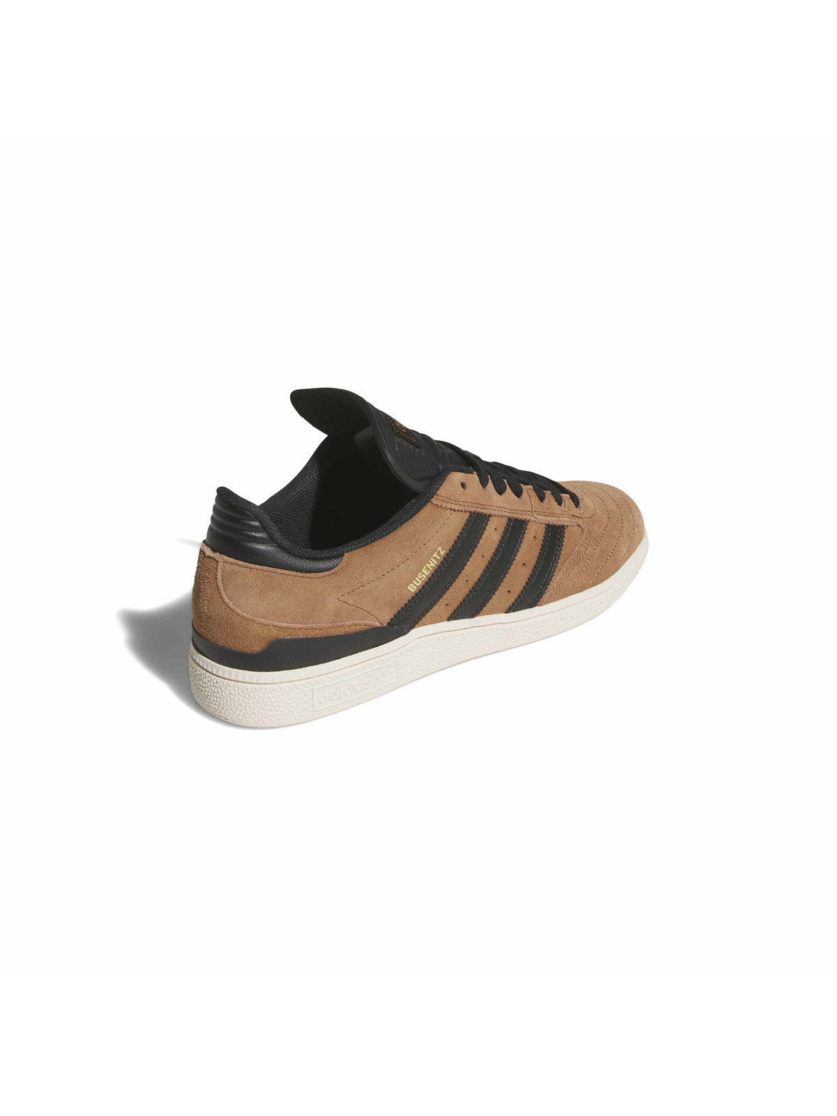 Chaussures de skateboard Adidas Busenitz Preloved Brown Core Black Chalk White, vue de face arrière suède marron et bandes noires
