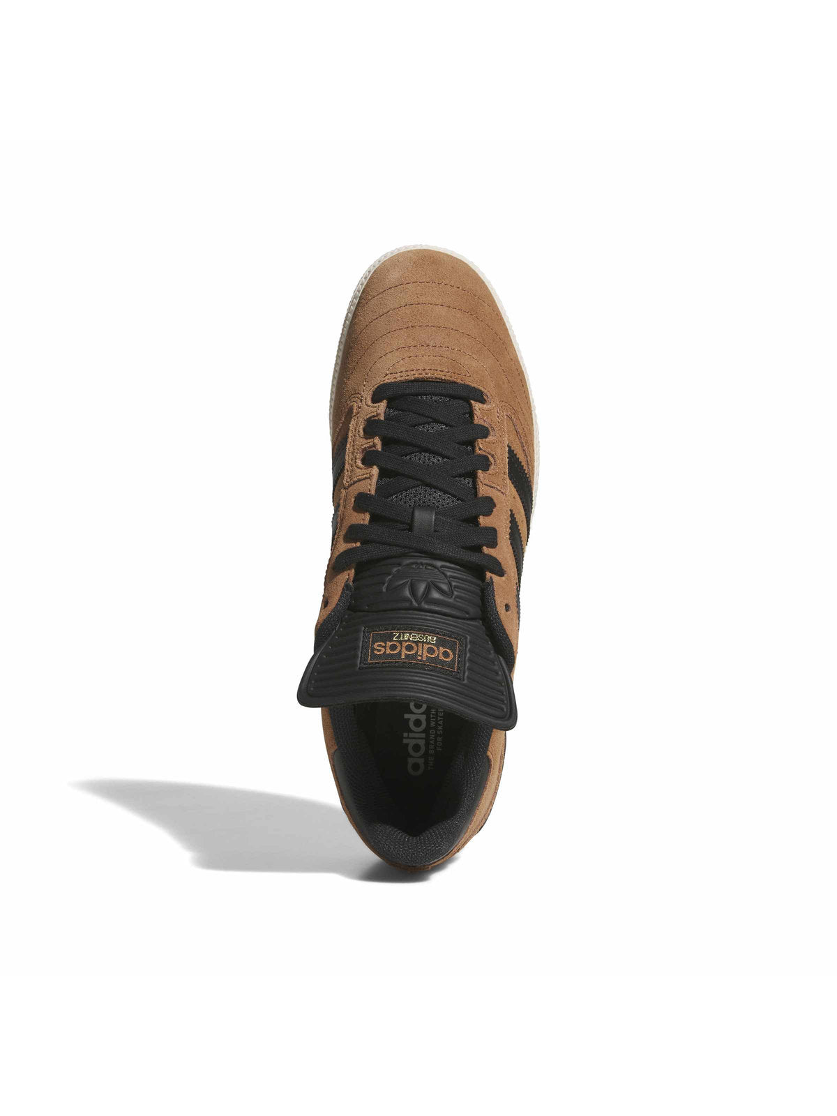 Chaussures de skateboard Adidas Busenitz Preloved Brown Core Black Chalk White, vue du dessus avec languette noire suède marron