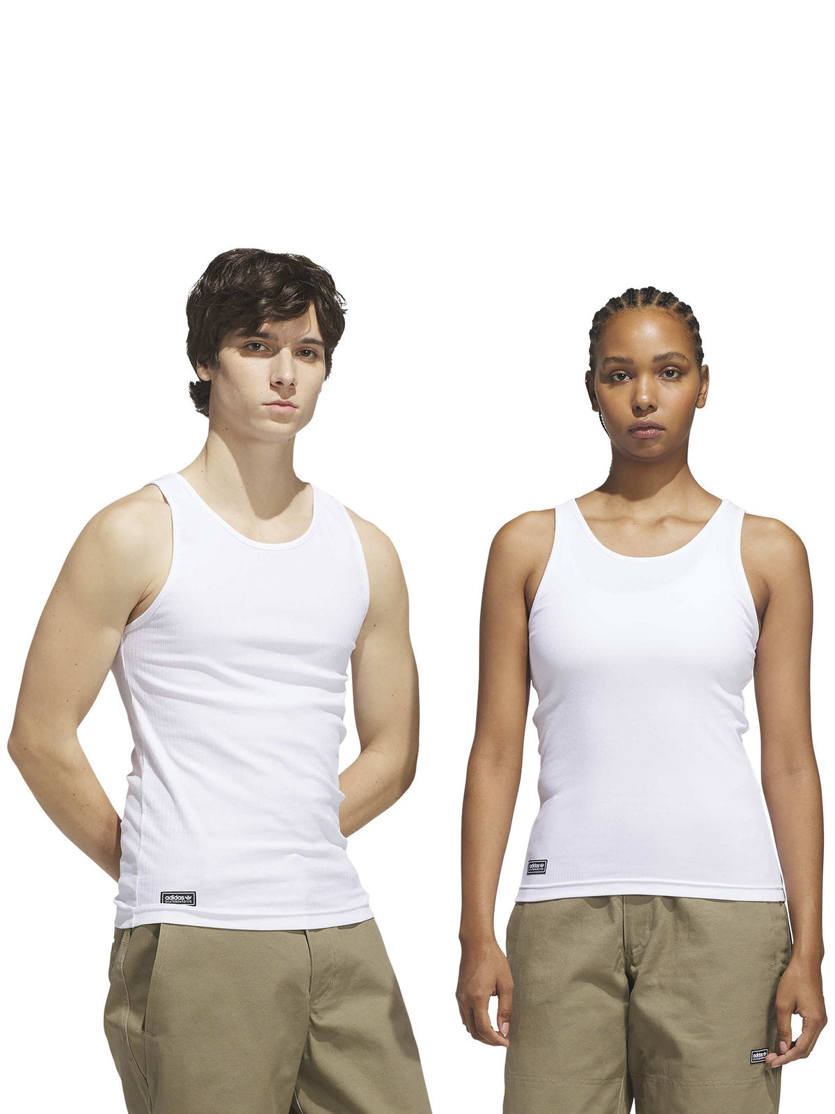 Débardeurs Adidas Fsbs Tank White/White/Black, vue de face porté par mannequin homme et femme