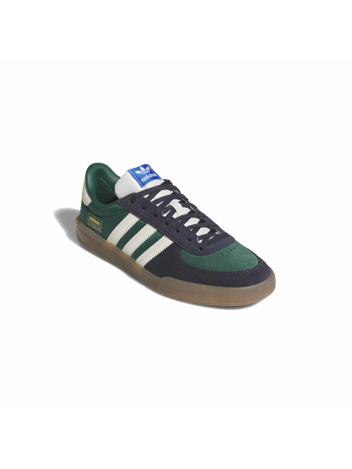 Chaussures de skateboard Adidas Glenburn Collegiate Green Chalk White Legend Ink, vue de face de ¾