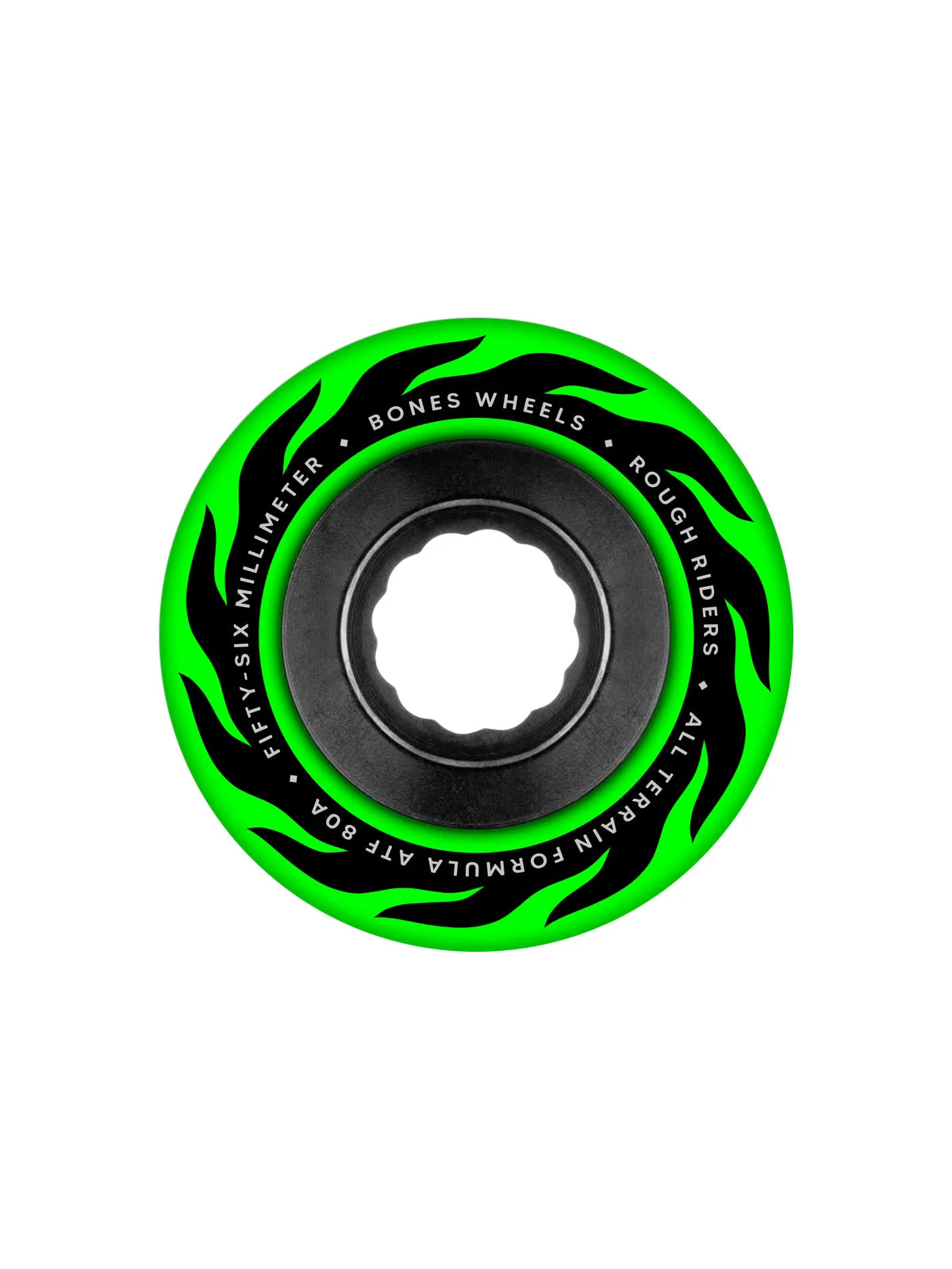Roues de skate   Bones Wheels (Jeu De 4) Atf 56Mm Rough Riders Flame 80A Grn, vue face avant