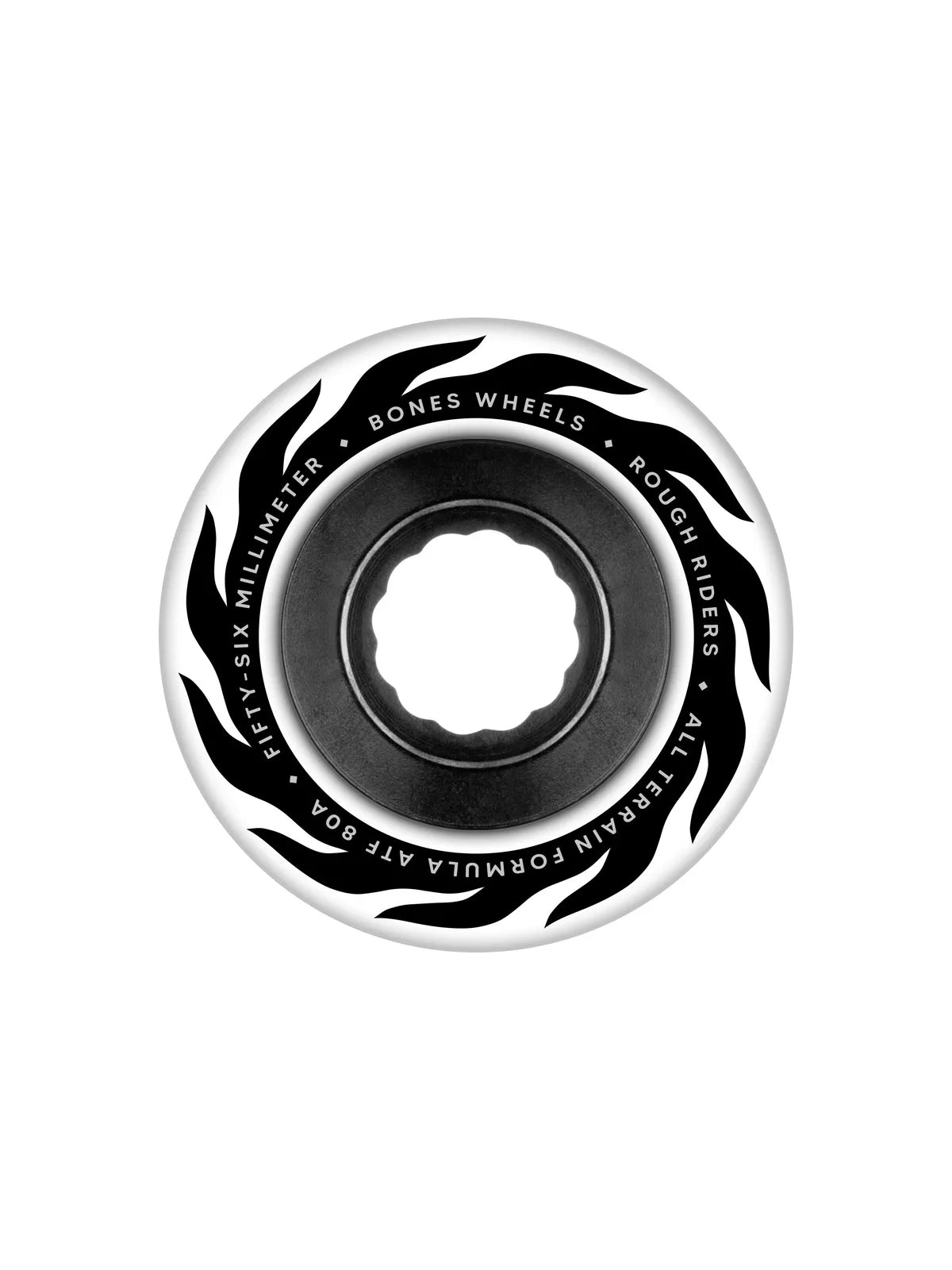 Roues de skate   Bones Wheels (Jeu De 4) Atf 56Mm Rough Riders Flame 80A Wht, vue face avant