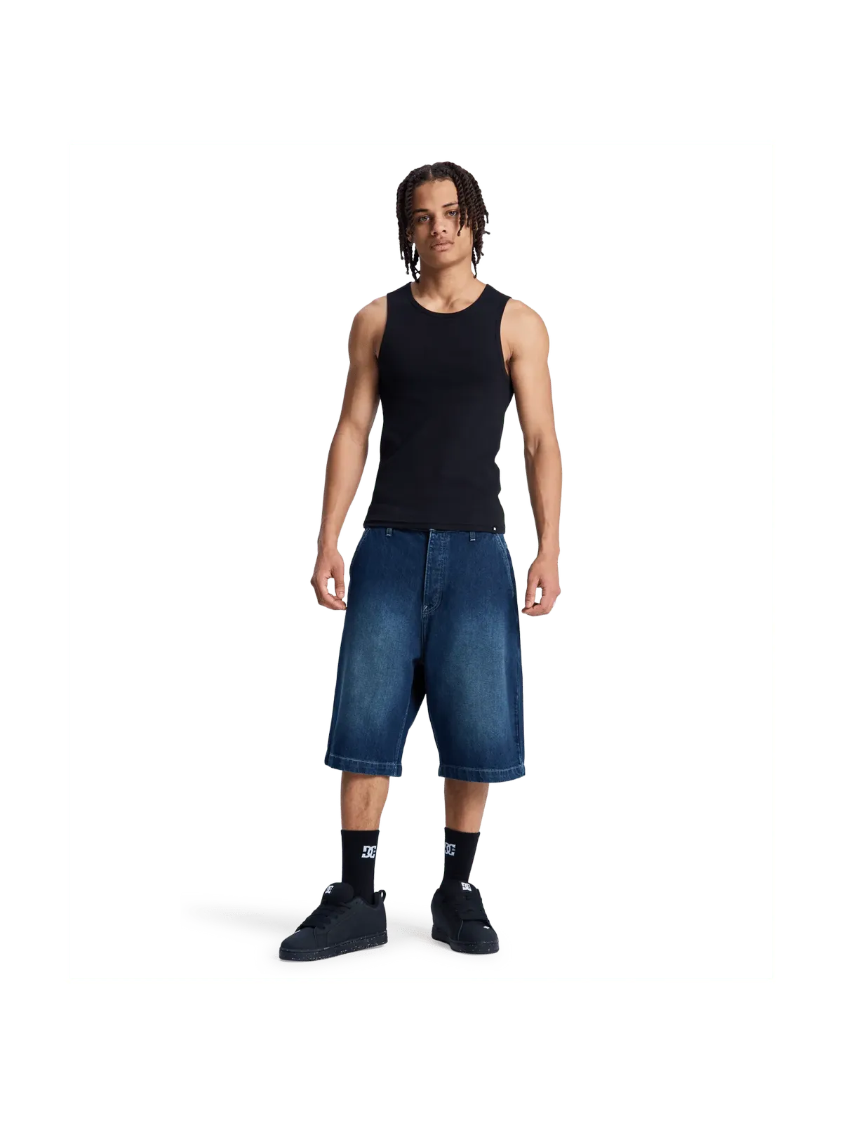 Shorts Dc shoes Baggy Denim Jort Dark Denim, vue portée en pied de face