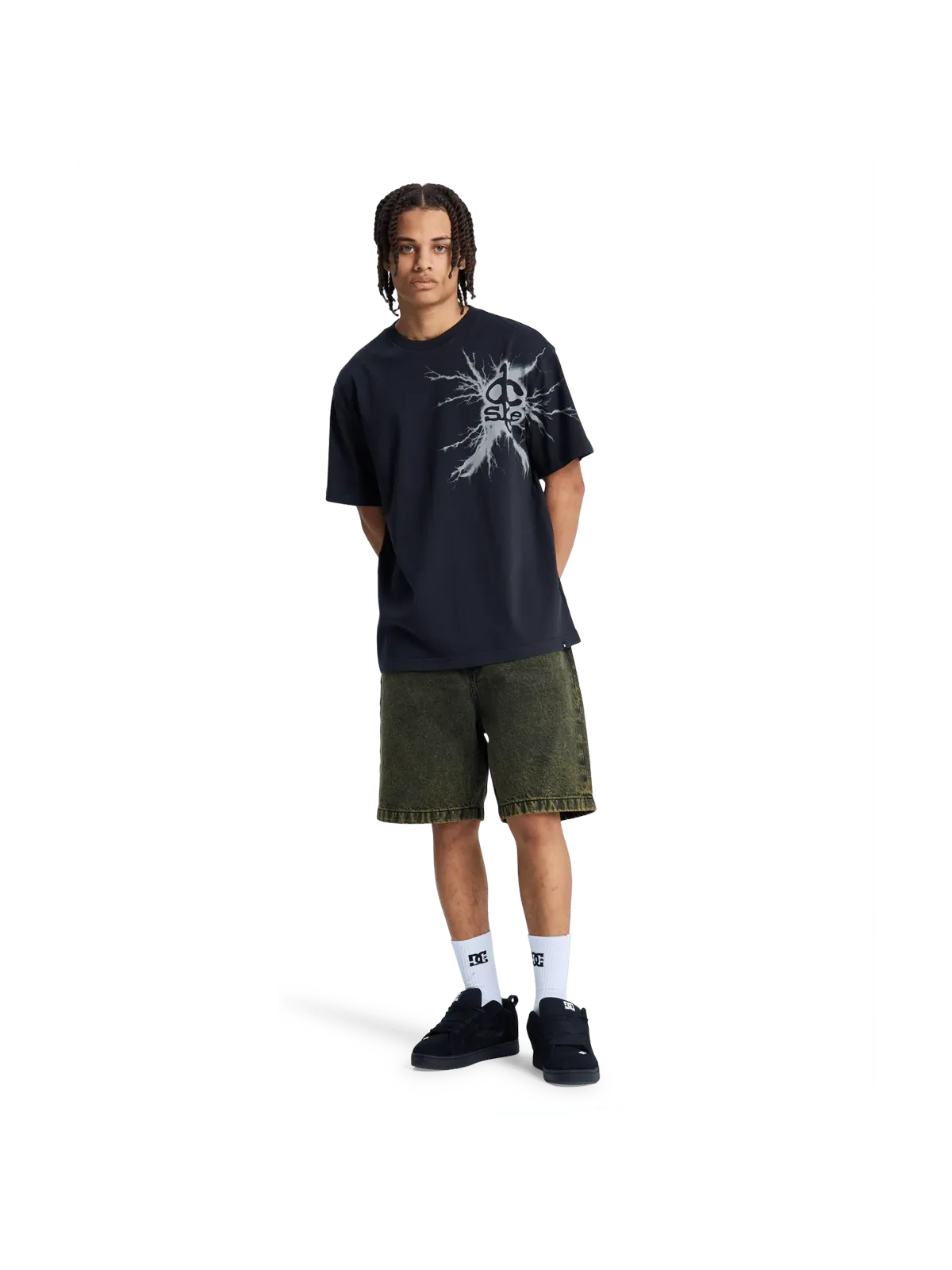 Shorts Dc shoes Baggy Denim Short Golden Olive, vue portée en pied de face