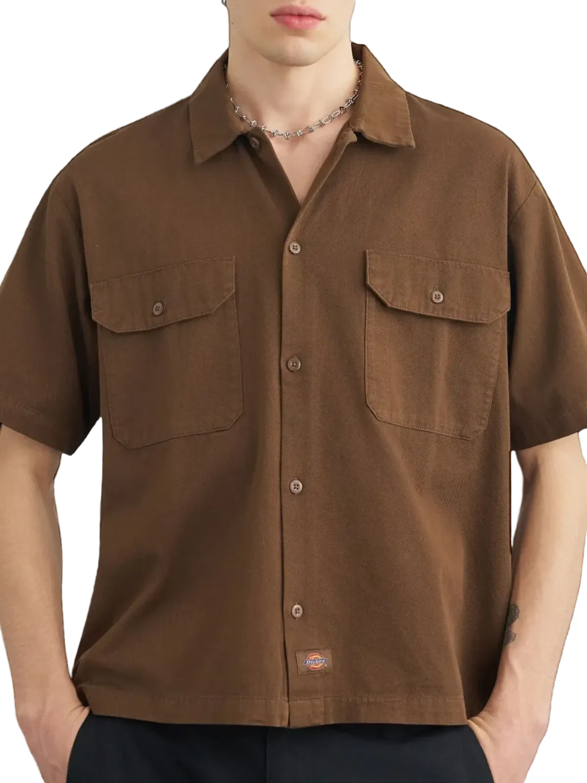 Chemises Dickies 247 Gd Work Shirt Ss Timber Brown, vue portée de face