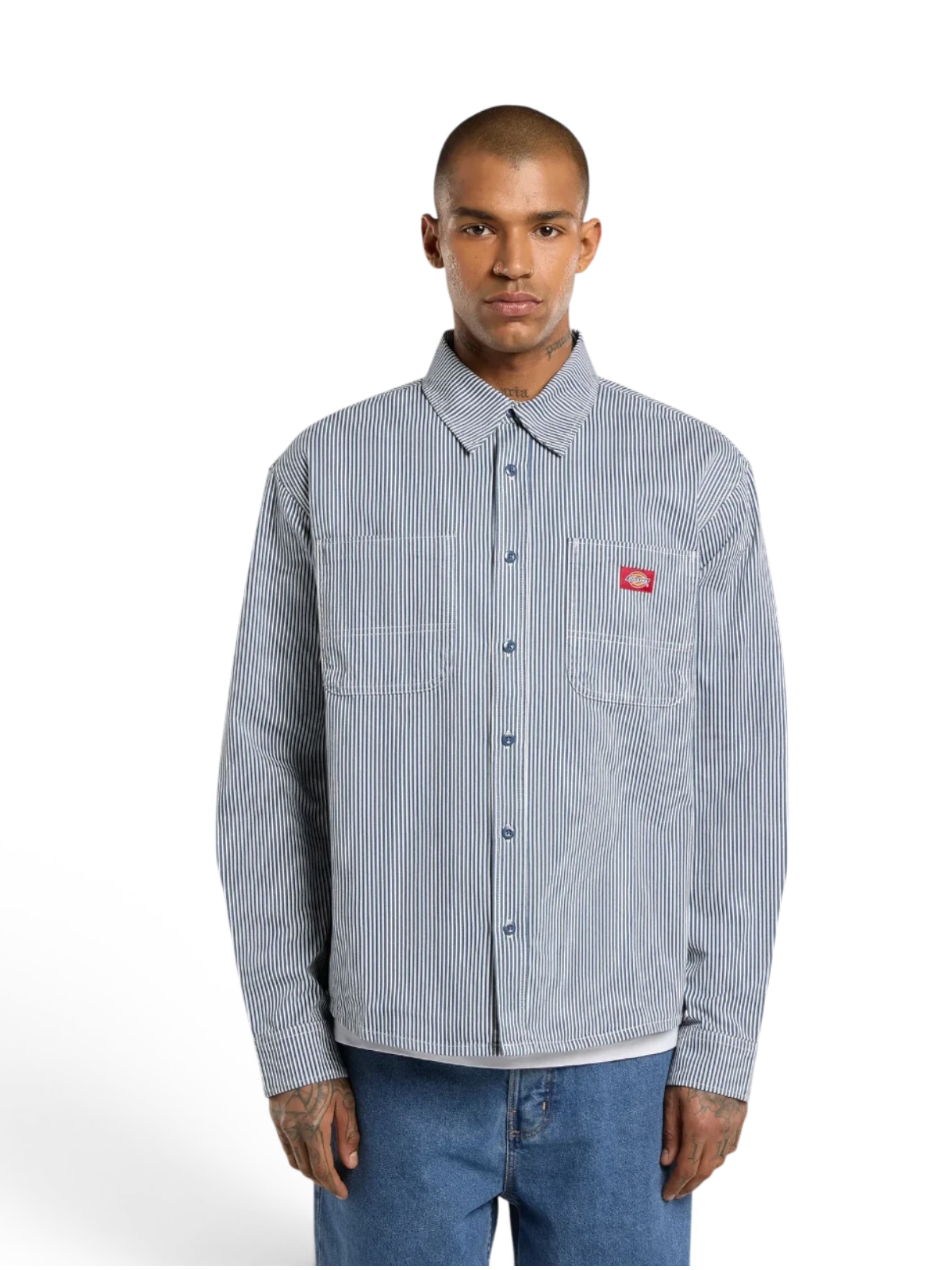 Chemises Dickies Hickory Work Shirt Ls Retro Indigo, vue portée de face