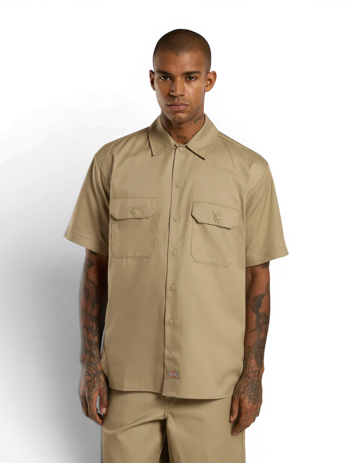 Chemises Dickies Work Shirt Ss Rec Khaki, vue portée de face homme