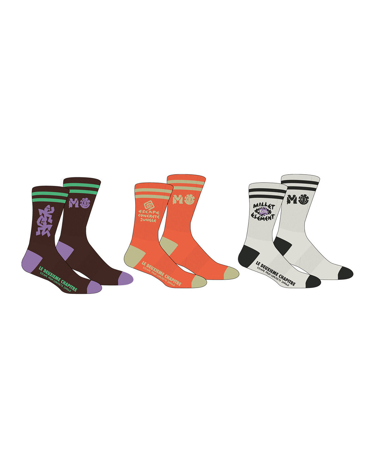 Chaussettes Element Mxe Socks 3Pack (Nms0) Multicolor, Vue des coloris marron, orange et blanc avec des rayures et graphismes sérigraphiés.