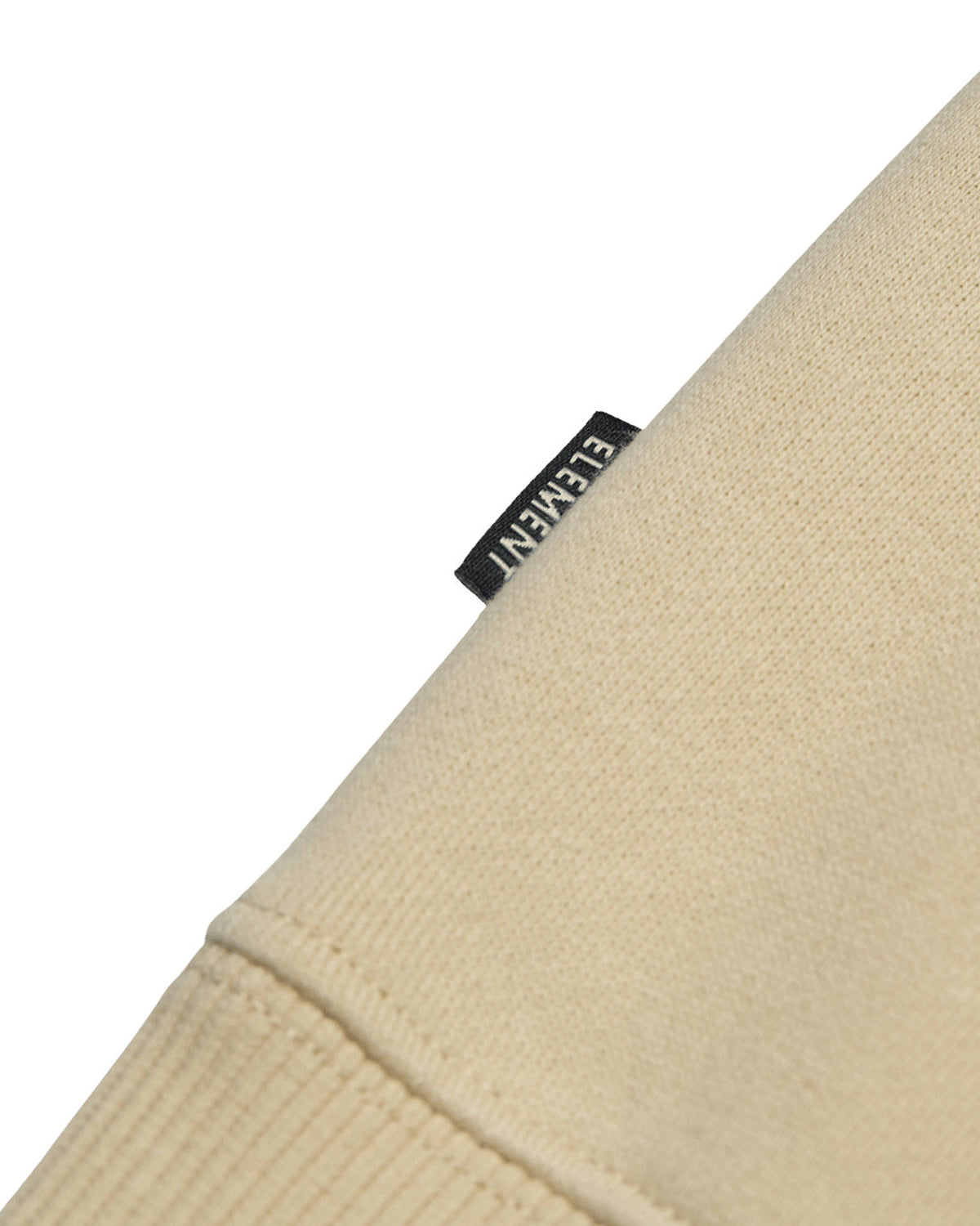 Sweatshirts Element Planet Hiker (Teg0) Oat Milk, gros plan sur la petite étiquette tissée Element au niveau de la couture latérale