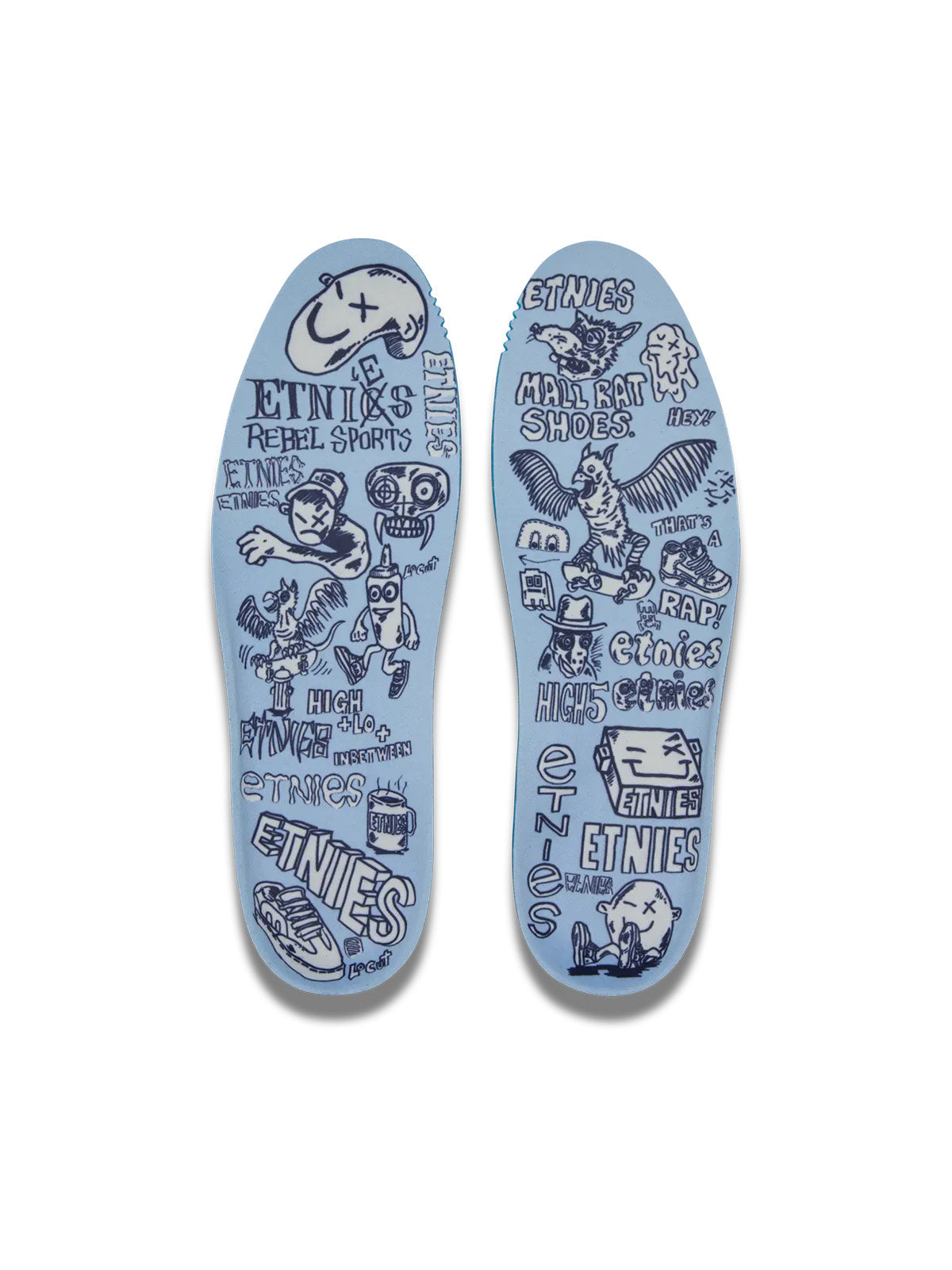 Chaussures de skateboard Etnies Etnies Emerson X Fos Navy White Navy White, vue des Semelles intérieures recouvertes d'illustrations style sérigraphie et de graffitis