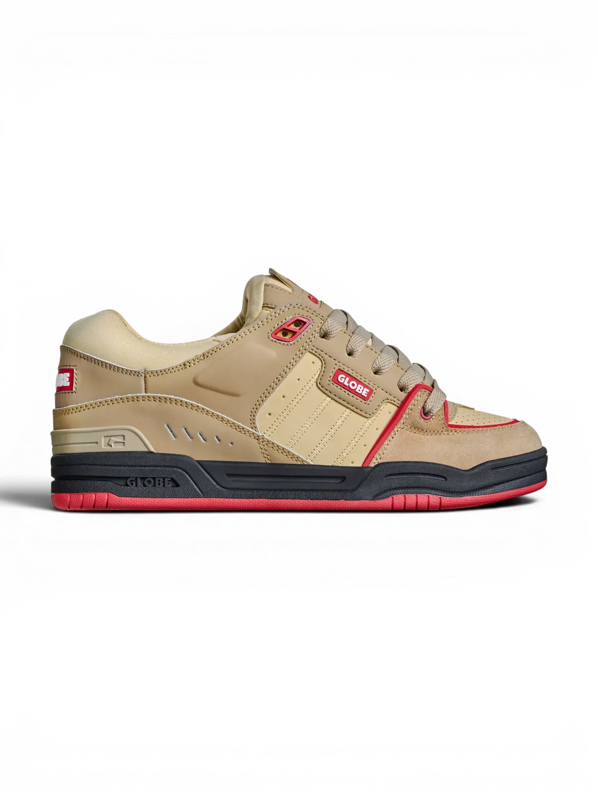 Chaussures de skateboard Globe Fusion Khaki/Red, vue de coté