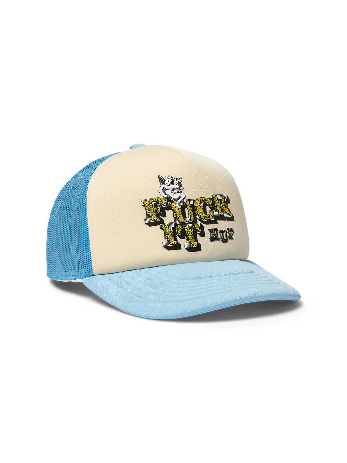 Casquettes Huf Cap Divine Trucker Light Blue, vue de 3/4 avant