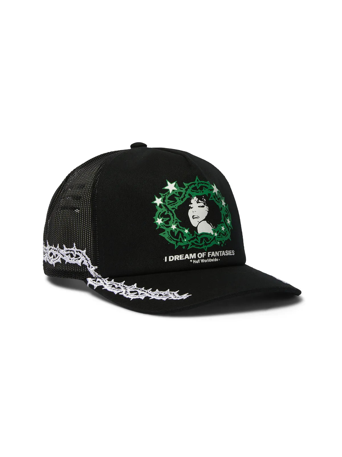 Casquettes Huf Cap Fantasies Trucker Black, vue de 3/4 avant