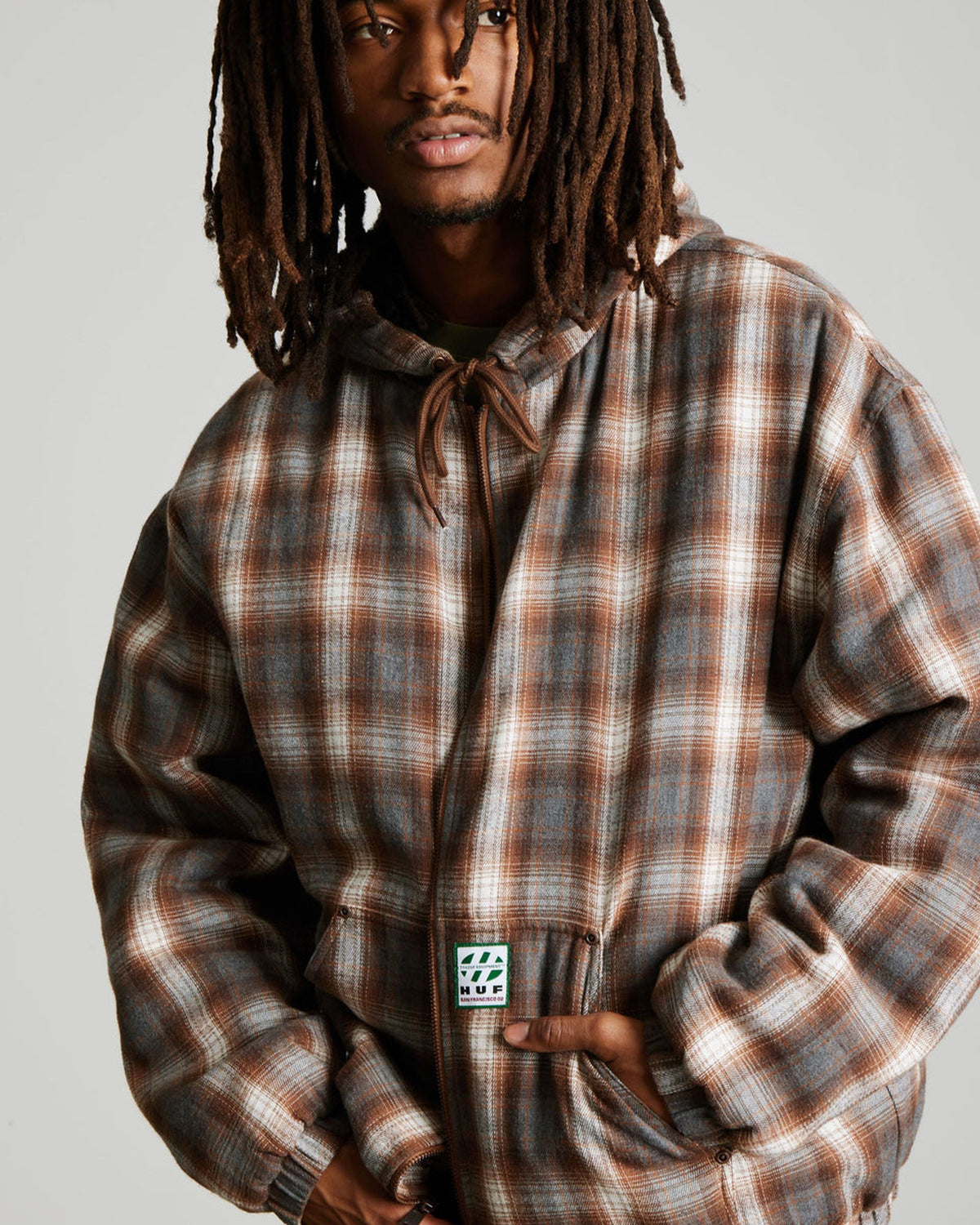 Vestes Huf Huf Jacket Durango Work Dark Brown Dark Brown, Vue portée de la veste zippée à carreaux