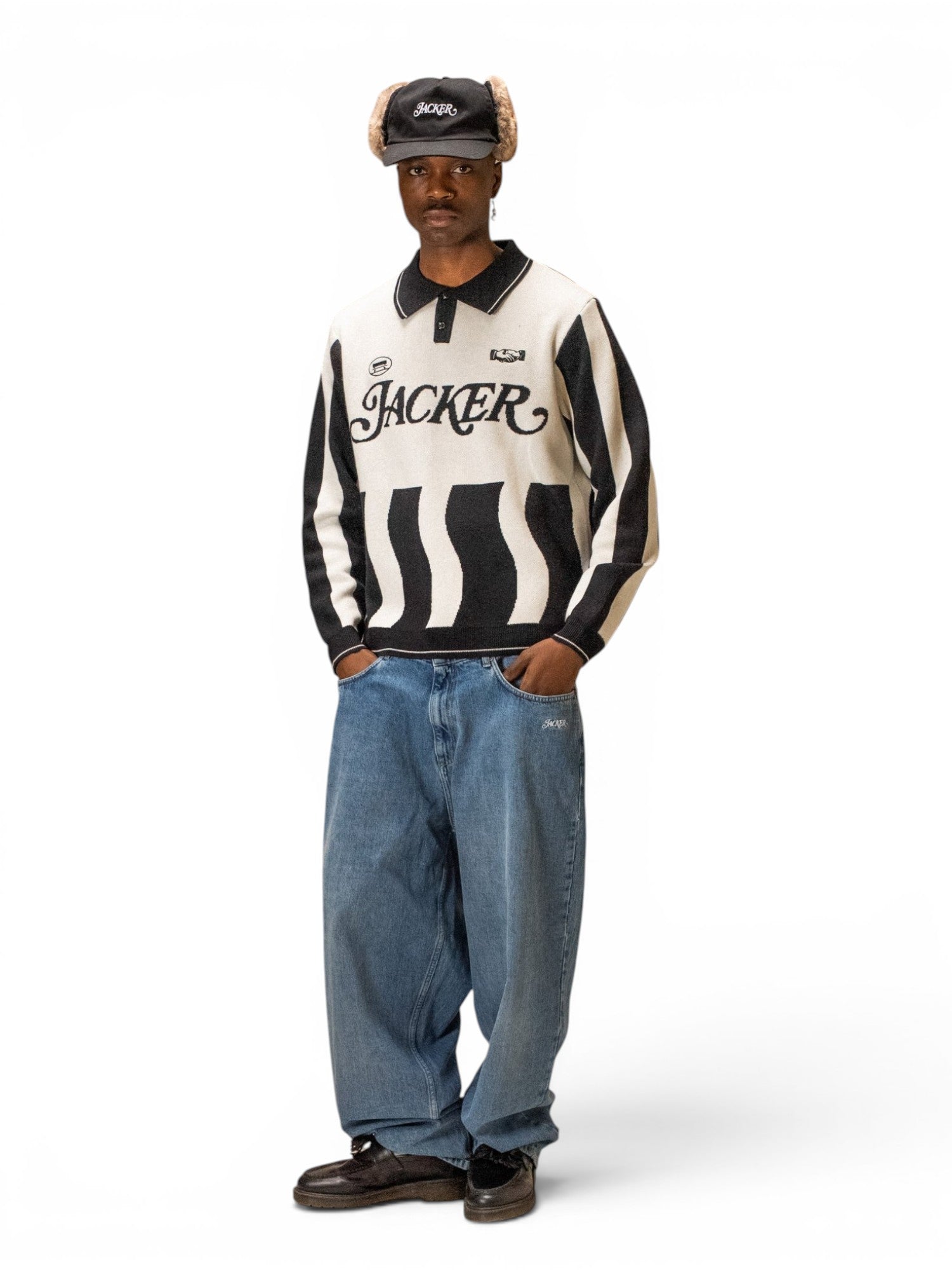 Polos Jacker Deal Polo Knit Beige White, vue portée en pied de face