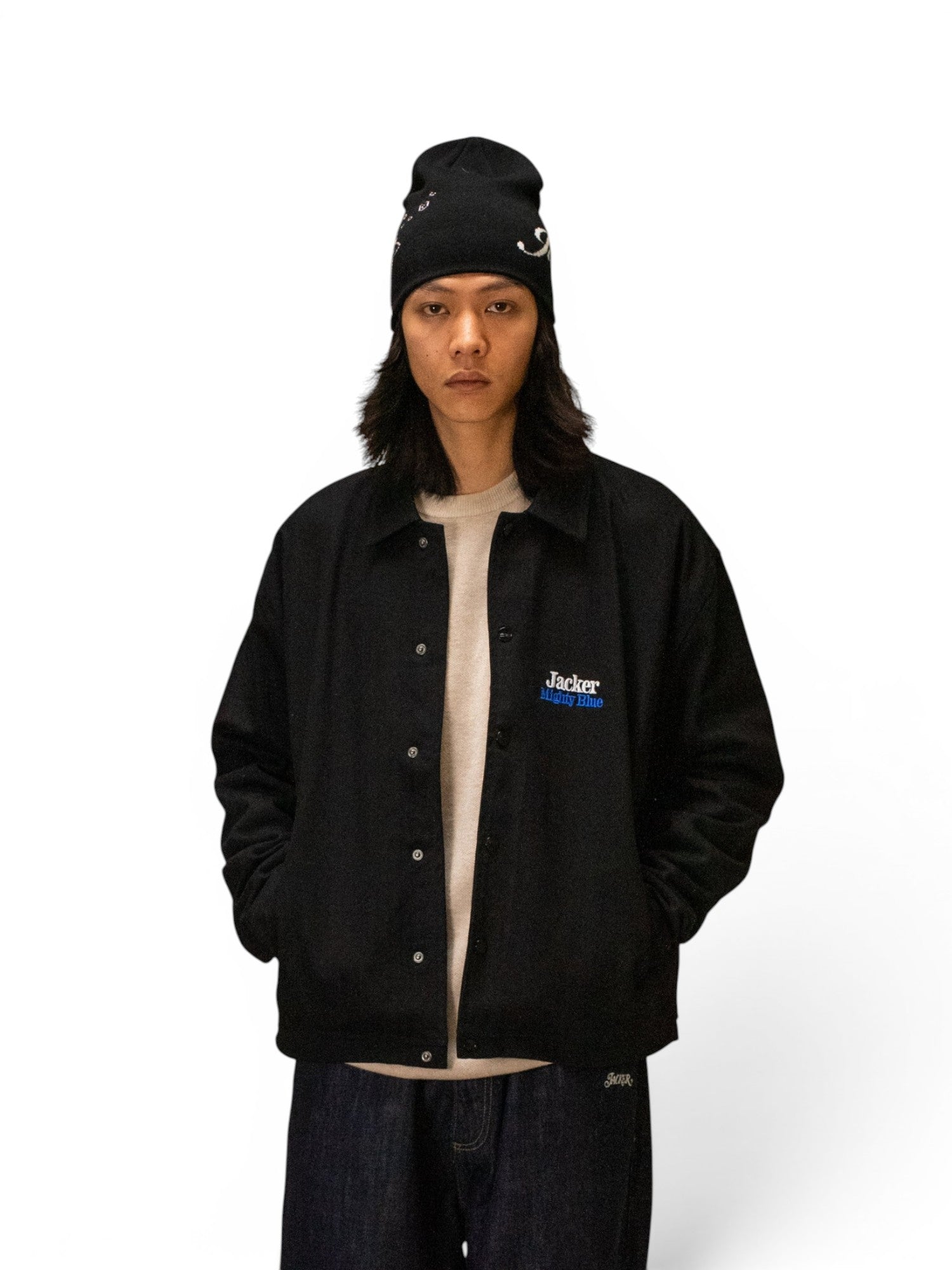 Vestes Jacker Mighty Blue Coach Jacket Black, vue portée de face