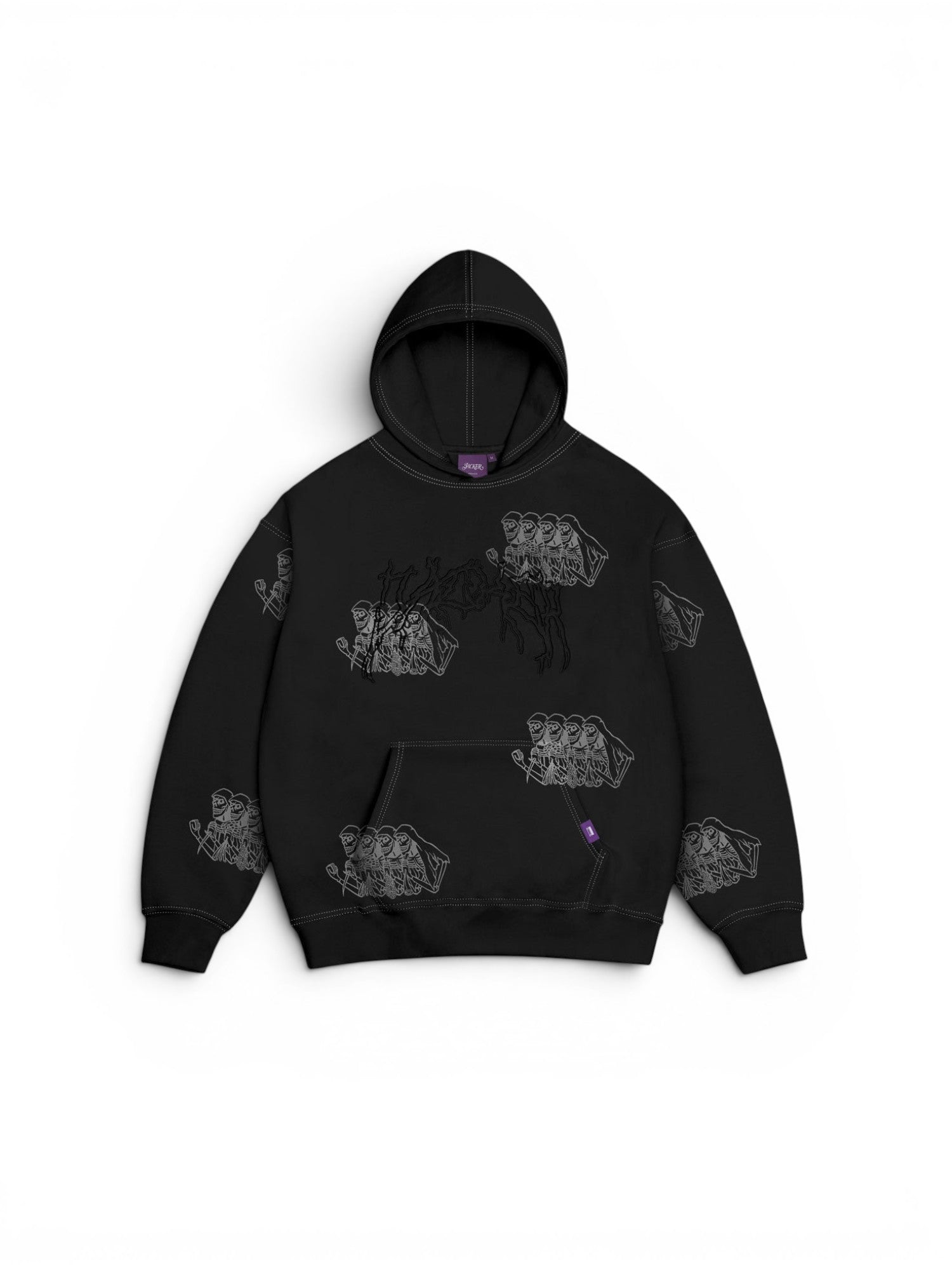 Sweatshirts Jacker Skeleton Hoodie Garment Dyed Black, vue de face a plat