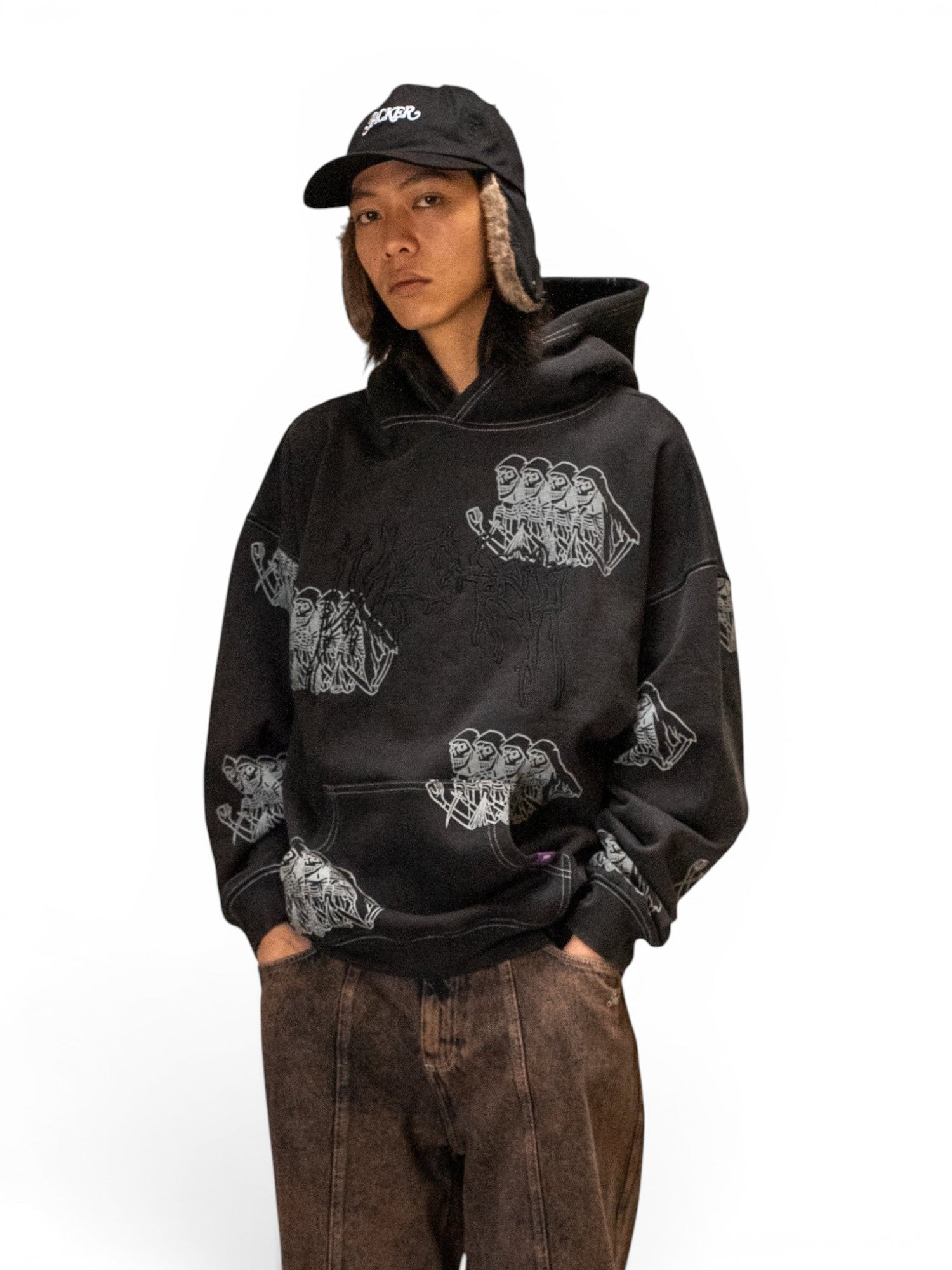 Sweatshirts Jacker Skeleton Hoodie Garment Dyed Black, vue portée de face