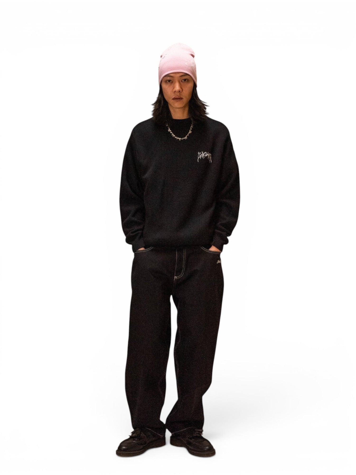 Vestes Jacker Skeleton Knit Crewneck Black, vue portée en pied de face