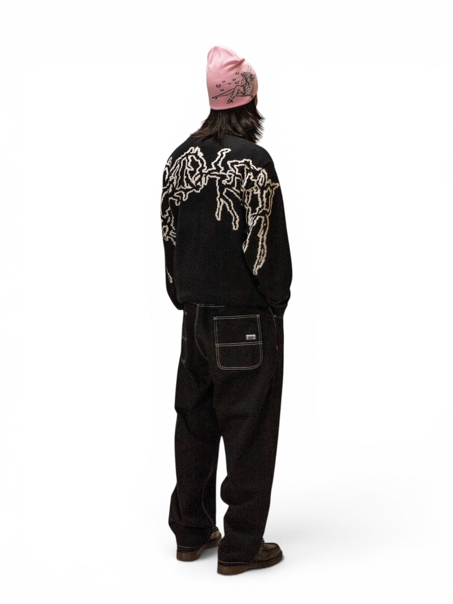 Vestes Jacker Skeleton Knit Crewneck Black, vue portée en pied de dos ¾