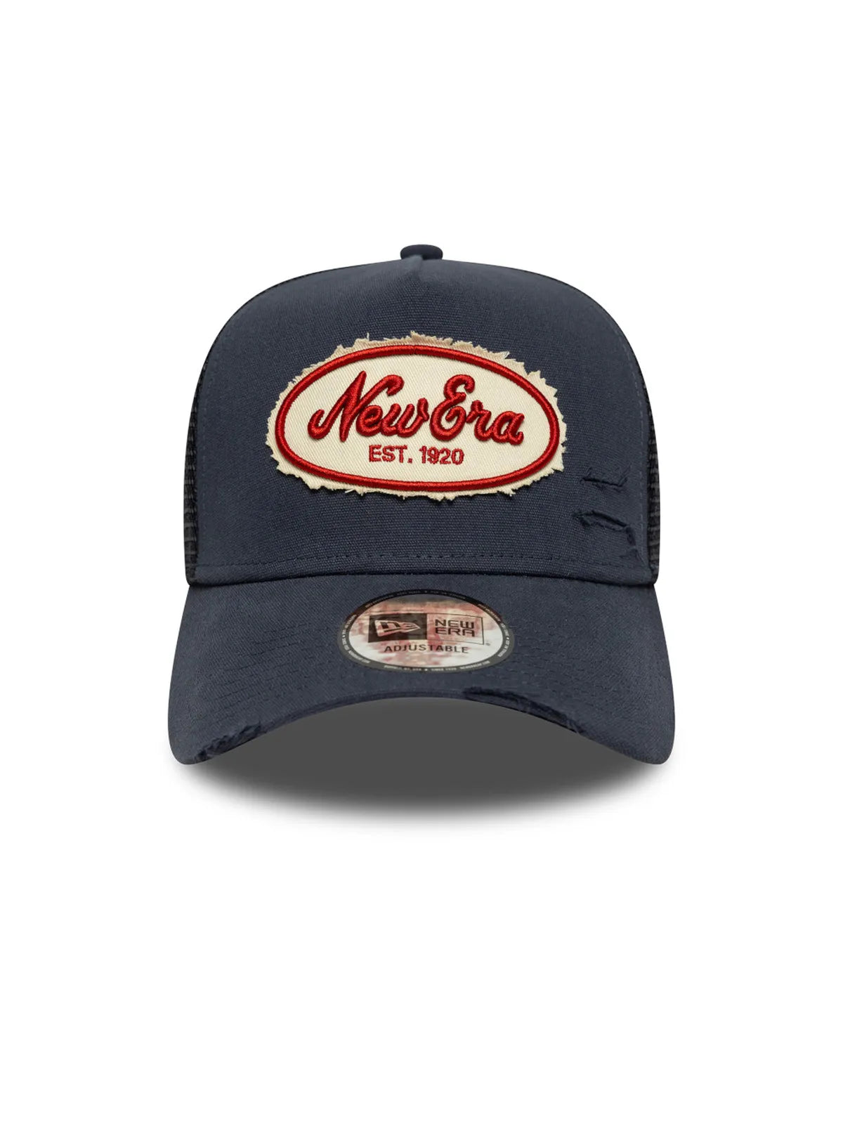 Casquettes New era Oval Canvas Distress Trucker Newera  Nvy Navy, vue de face