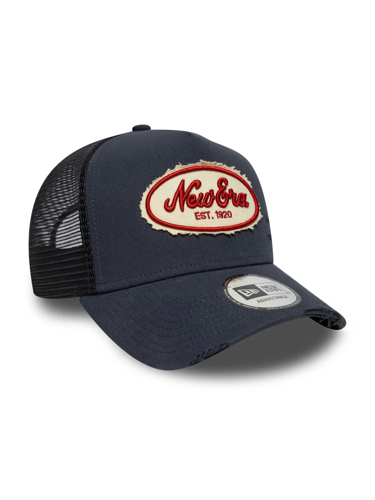 Casquettes New era Oval Canvas Distress Trucker Newera  Nvy Navy, vue de 3/4 droite