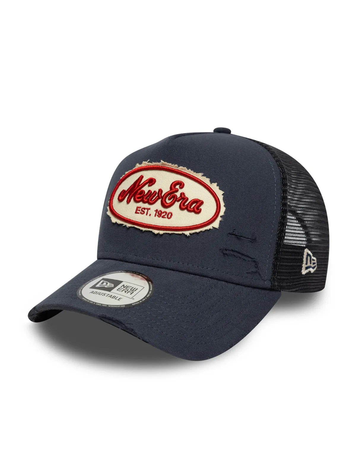 Casquettes New era Oval Canvas Distress Trucker Newera  Nvy Navy, vue de 3/4 gauche