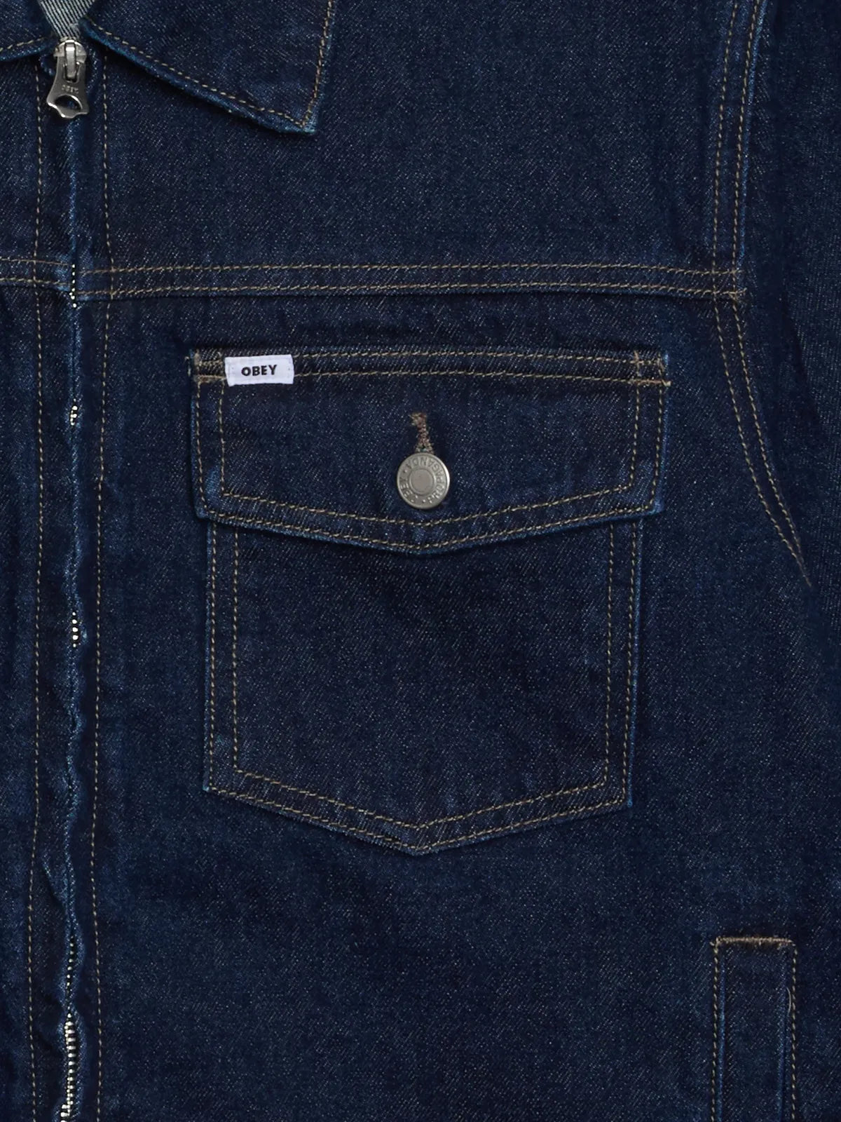 Vestes Obey Base Trucker Jacket Rinse Indigo, vue détail