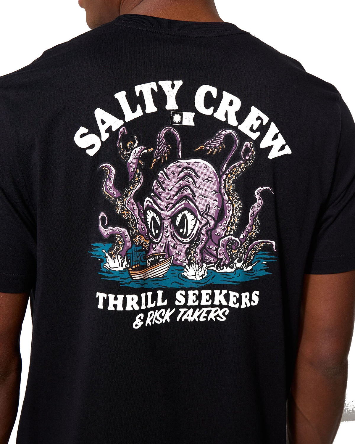 Teeshirts Salty crew Kraken Monst Ss Tee Black, gros plan vue de dos porté