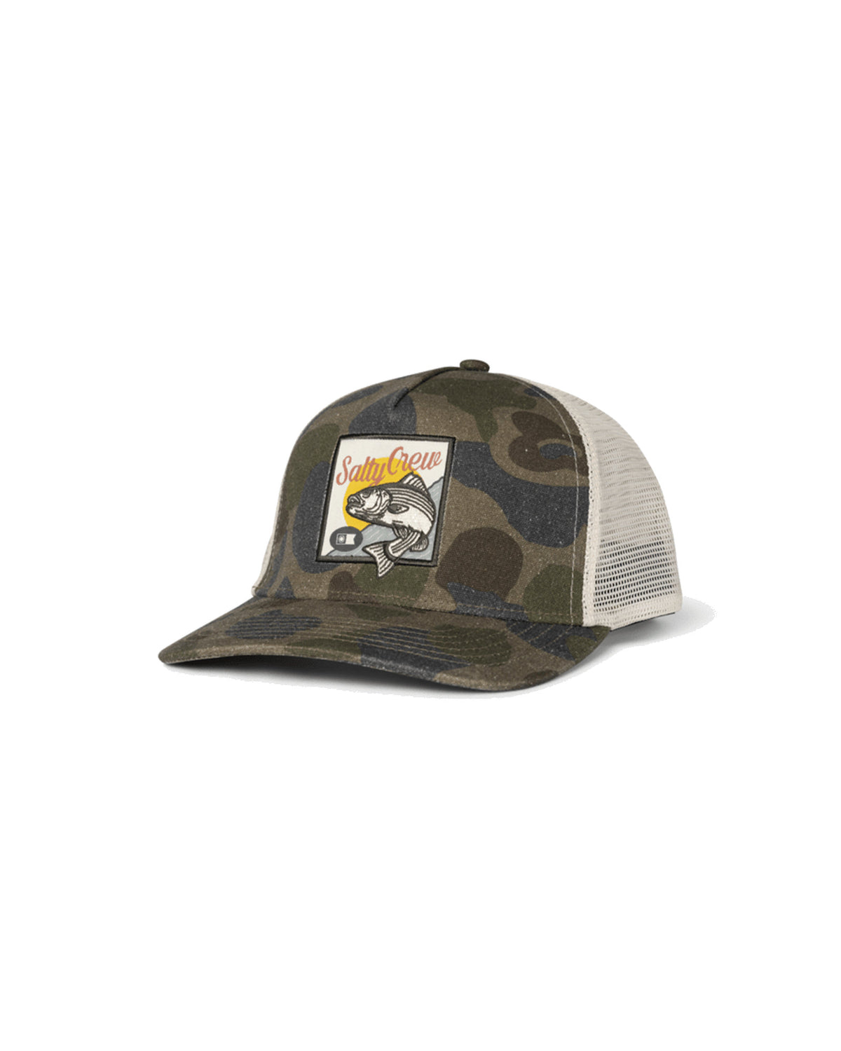 Casquettes Salty crew Striper Trucker Sand Camo, vue de ¾ face