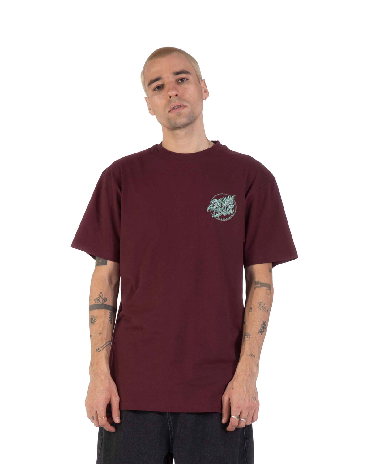 Teeshirts Santa cruz Scourge Dot T-Shirt Dark Plum, vue de face porté