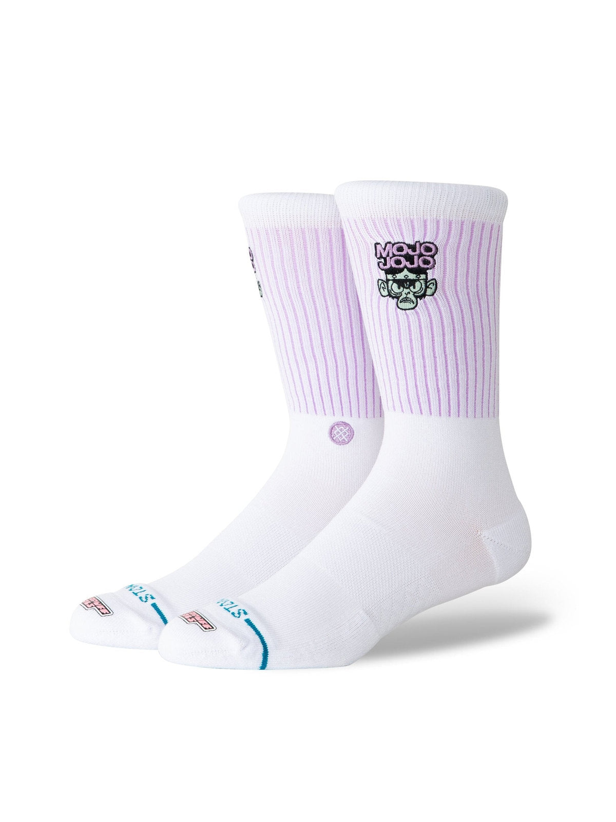 Chaussettes Stance Mojo Jojo Crew White, vue de ¾ face