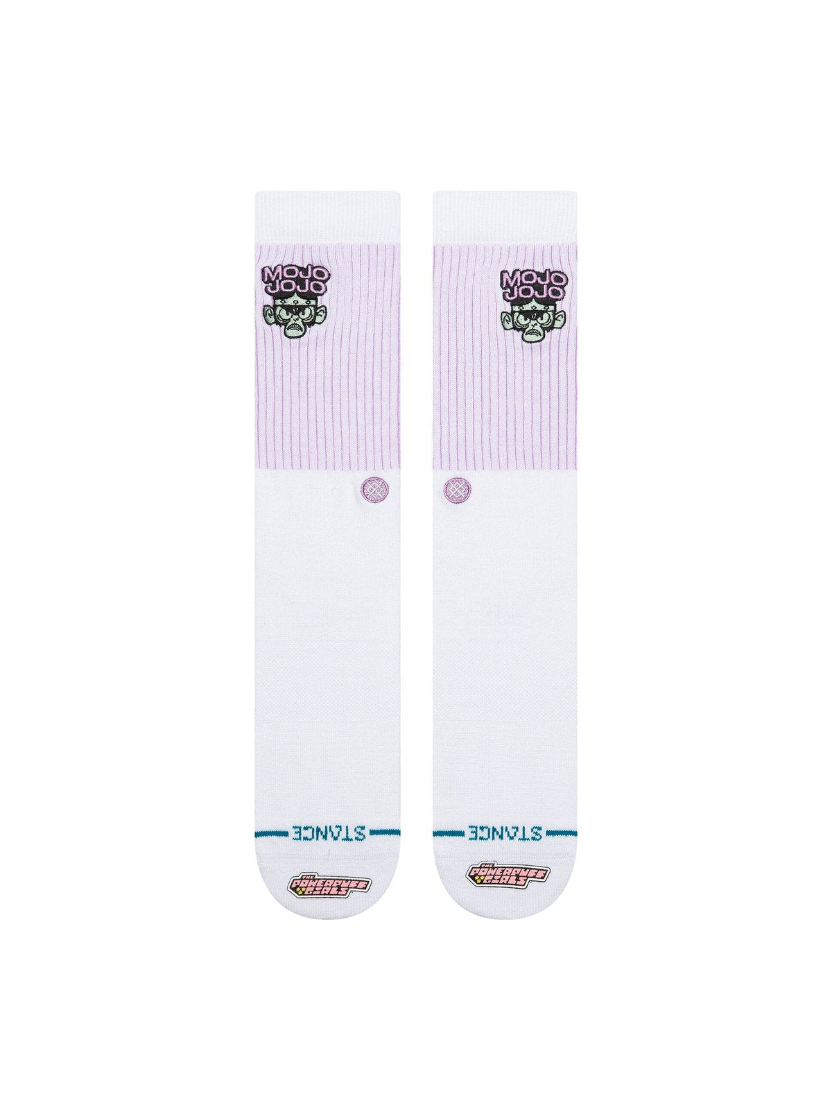 Chaussettes Stance Mojo Jojo Crew White, vue de la paire a plat de face
