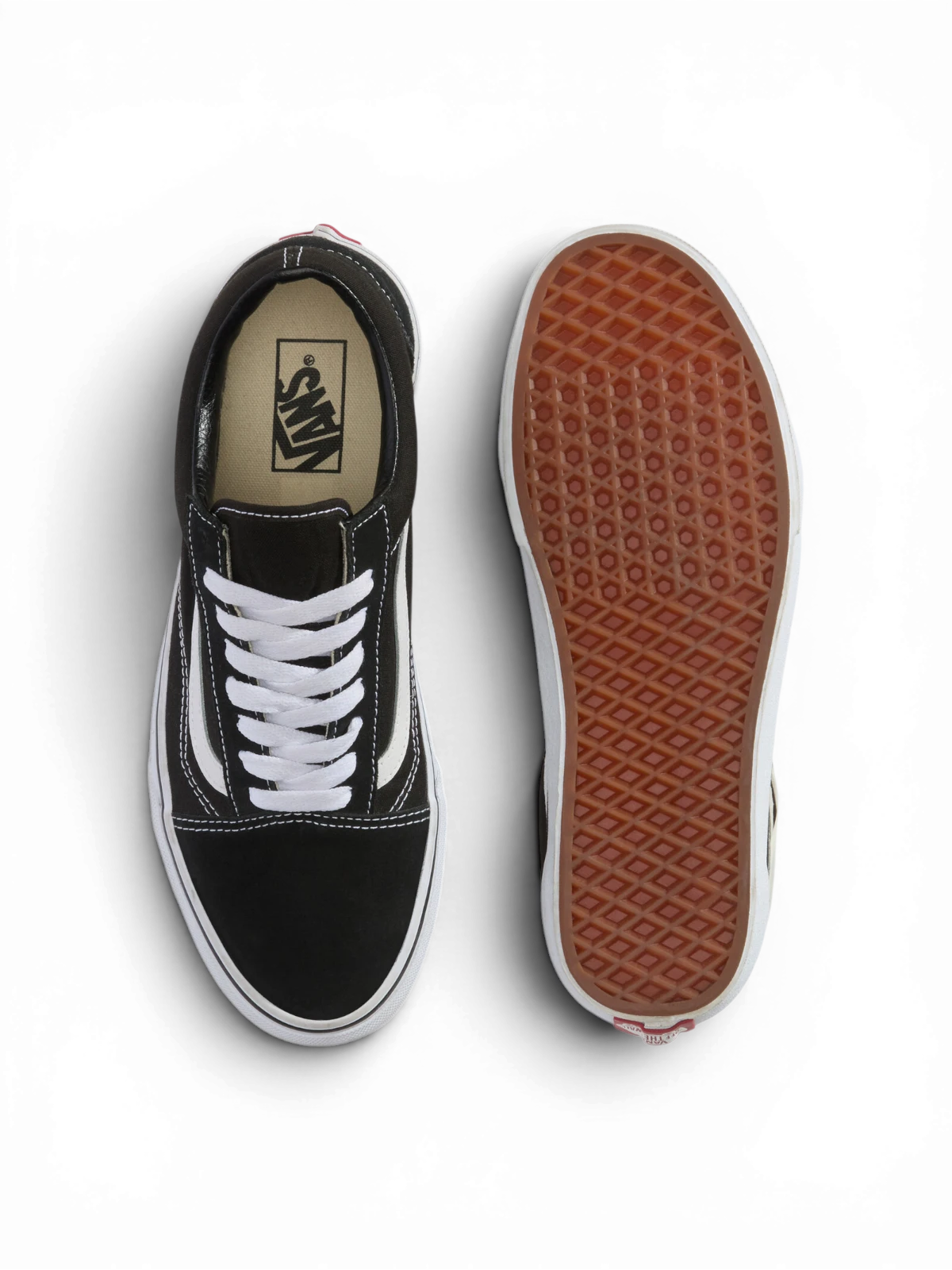 Chaussures de skateboard Vans Old Skool Black/White, vue de dessus/dessous