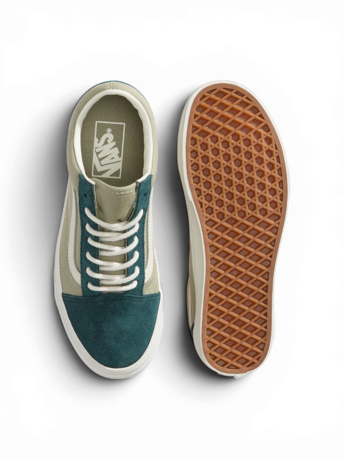 Chaussures de skateboard Vans Old Skool Pink/Green, vue de dessus/dessous